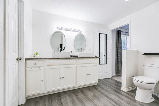 bathroom featuring hardwood / wood-style flooring, vanity, and toilet