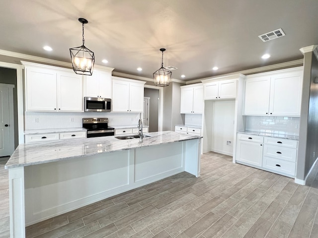 3962 Ruth Ln, San Angelo, TX 76904 - kitchen with stainless steel microwave, electric range, a sink, backsplash, and white cabinets