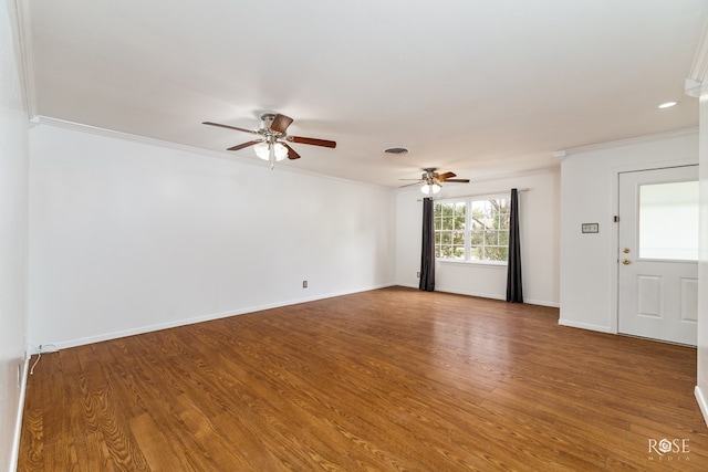 unfurnished living room featuring crown molding, baseboards, a ceiling fan, and wood finished floors