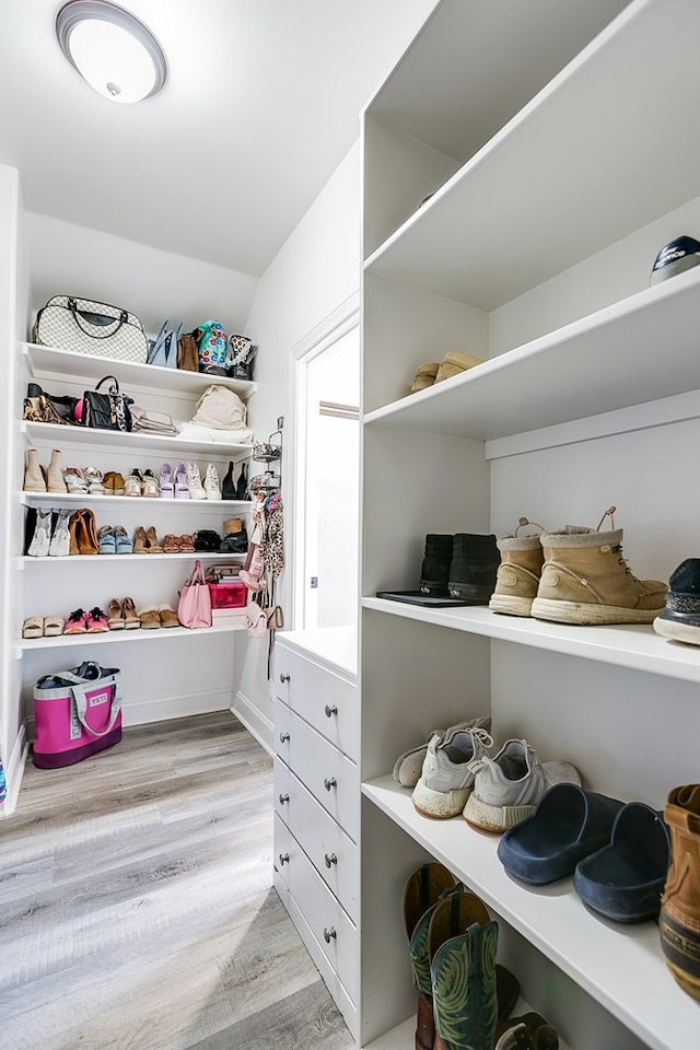 walk in closet with light wood-type flooring