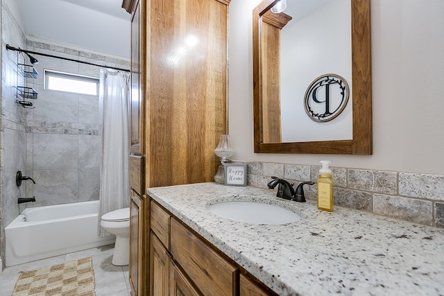 full bathroom with toilet, vanity, and shower / bathtub combination with curtain