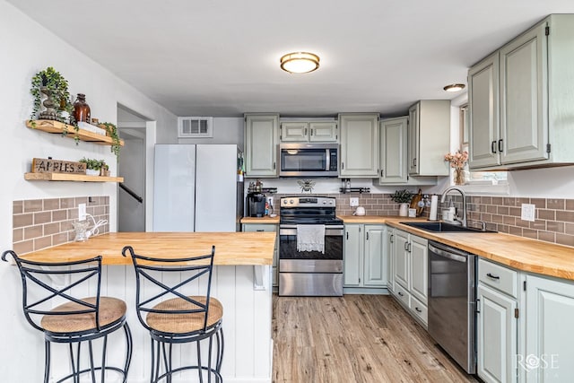 2113 Sul Ross St, San Angelo, TX 76904 - kitchen with appliances with stainless steel finishes, wood counters, tasteful backsplash, and a kitchen bar