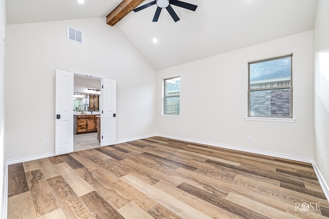 5034 Scarlet Oak Ln, San Angelo, TX 76904 - spare room featuring ceiling fan, beam ceiling, wood finished floors, high vaulted ceiling, and recessed lighting