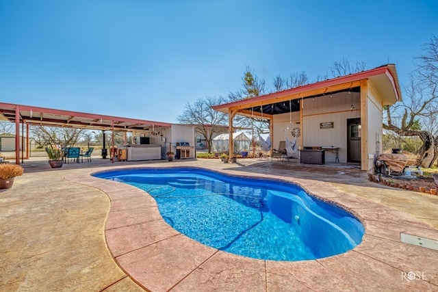 view of swimming pool featuring grilling area and a patio