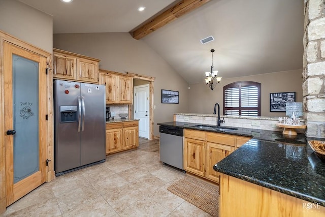 kitchen featuring visible vents, decorative backsplash, vaulted ceiling with beams, stainless steel appliances, and a sink