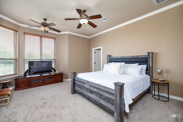 bedroom featuring baseboards, visible vents, ornamental molding, and light colored carpet