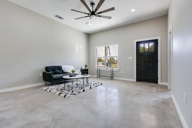 2122 Deaton St, San Angelo, TX 76903 - sitting room featuring concrete flooring, baseboards, recessed lighting, and a ceiling fan