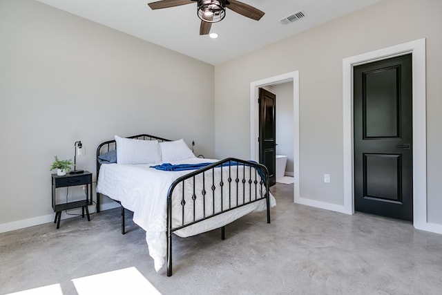 2122 Deaton St, San Angelo, TX 76903 - bedroom featuring baseboards, concrete floors, ensuite bath, and ceiling fan