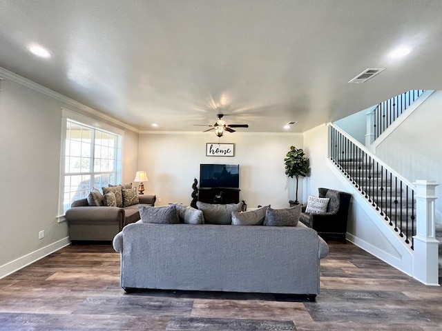 1962 Beaty Rd, San Angelo, TX 76904 - living room with stairs, crown molding, baseboards, a ceiling fan, and dark wood-type flooring