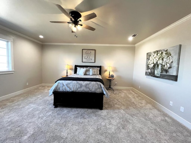 1962 Beaty Rd, San Angelo, TX 76904 - bedroom with baseboards, crown molding, carpet flooring, ceiling fan, and recessed lighting