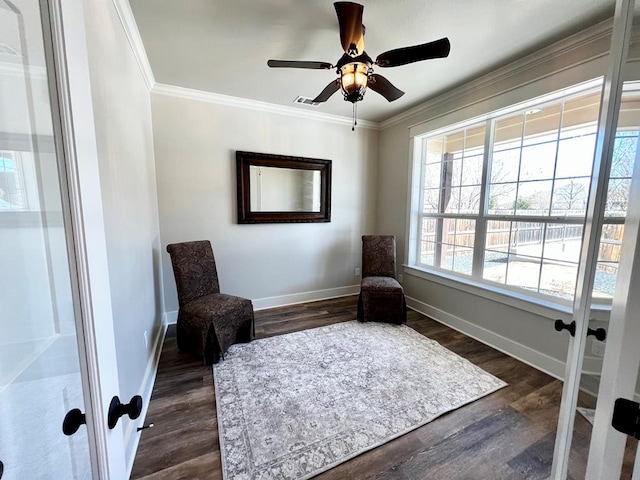 1962 Beaty Rd, San Angelo, TX 76904 - sitting room featuring crown molding, baseboards, dark wood-style flooring, and a ceiling fan