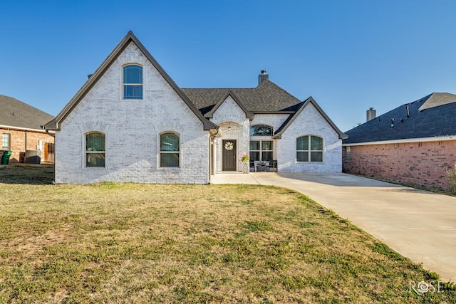 french provincial home with a front lawn, brick siding, and a chimney