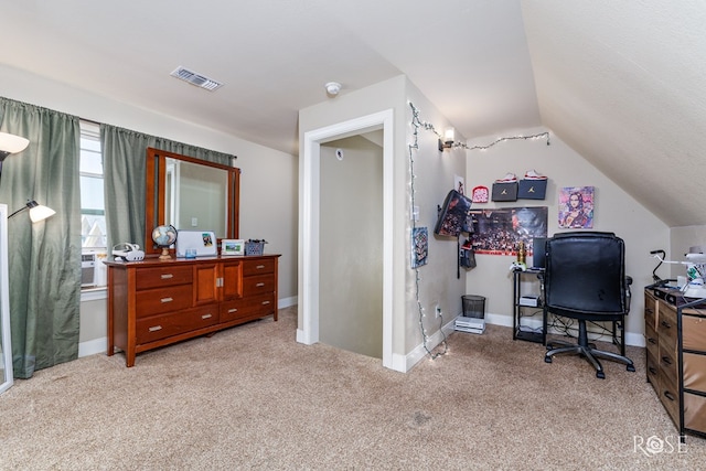 carpeted office space with visible vents, baseboards, cooling unit, and vaulted ceiling