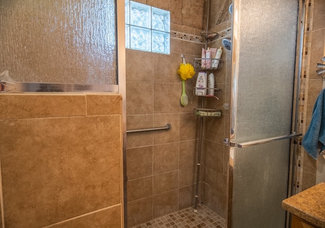 bathroom with a shower with shower door