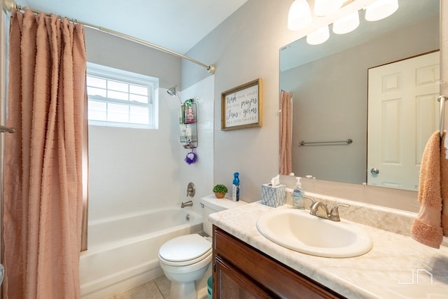 full bathroom with shower / tub combo with curtain, vanity, toilet, and tile patterned flooring