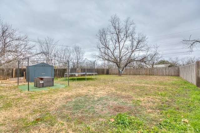 view of yard with a trampoline and a storage unit