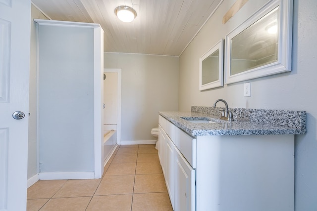 bathroom with vanity, wooden ceiling, tile patterned floors, and toilet