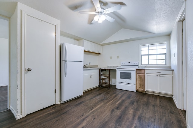 2113 S Hill St, San Angelo, TX 76903 - kitchen featuring white appliances, a sink, dark wood-style flooring, a ceiling fan, and light countertops