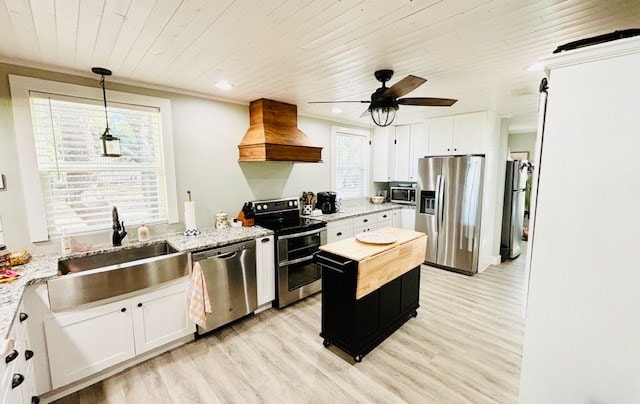kitchen featuring wood ceiling, premium range hood, white cabinets, light wood finished floors, and stainless steel appliances