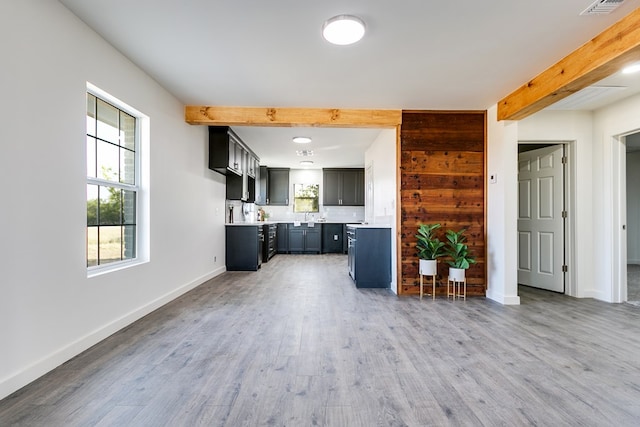 unfurnished living room featuring sink, beam ceiling, and wood-type flooring