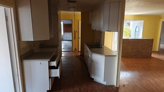 kitchen featuring dark hardwood / wood-style flooring, sink, a textured ceiling, and white cabinets