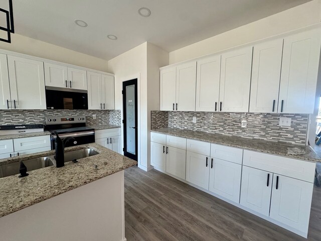 kitchen with light stone countertops, stainless steel electric range, white cabinetry, a sink, and dark wood-style floors