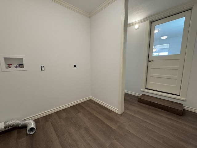 clothes washing area featuring hookup for a washing machine, crown molding, electric dryer hookup, and dark wood-type flooring