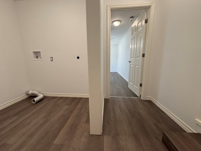 washroom with ornamental molding, electric dryer hookup, dark wood-type flooring, and washer hookup