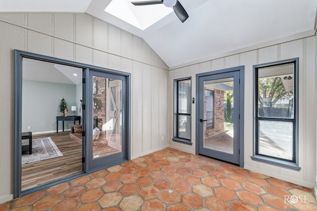 3421 Clearview Dr, San Angelo, TX 76904 - doorway to outside with lofted ceiling, a skylight, and ceiling fan