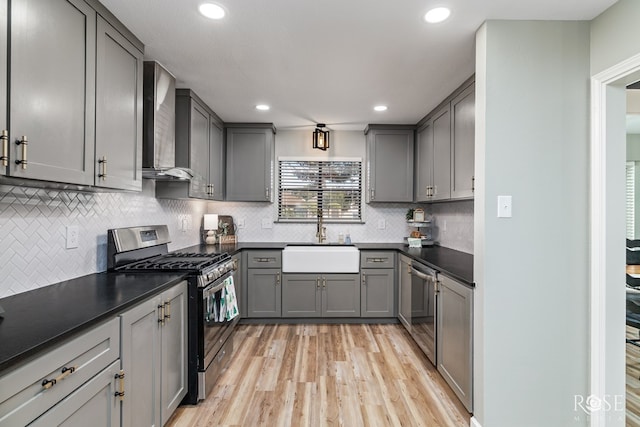 3421 Clearview Dr, San Angelo, TX 76904 - kitchen featuring appliances with stainless steel finishes, gray cabinets, wall chimney exhaust hood, and recessed lighting