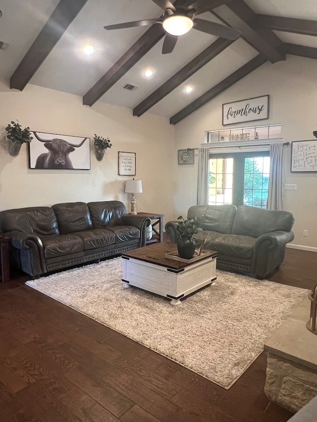 living room featuring dark hardwood / wood-style flooring, vaulted ceiling with beams, and ceiling fan