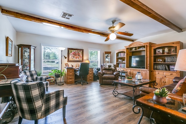 2709 Janie Ln, San Angelo, TX 76905 - living room featuring beamed ceiling, a ceiling fan, an office area, and wood finished floors