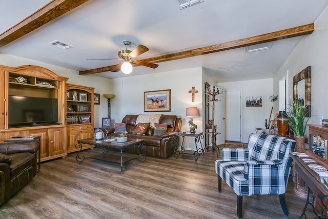 2709 Janie Ln, San Angelo, TX 76905 - living room featuring beamed ceiling, ceiling fan, and dark wood finished floors