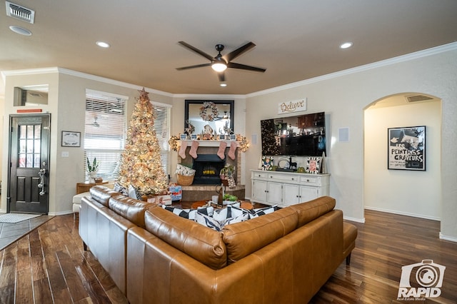 living room featuring crown molding, dark hardwood / wood-style floors, and ceiling fan