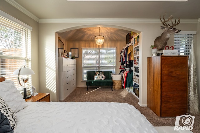 bedroom with a notable chandelier, ornamental molding, a closet, and carpet flooring