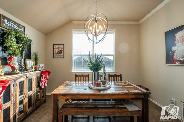 dining room featuring dark tile patterned floors, crown molding, vaulted ceiling, and a chandelier