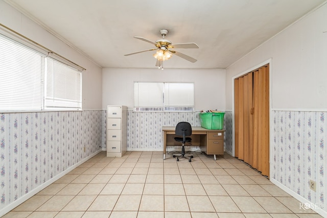 tiled home office with ceiling fan