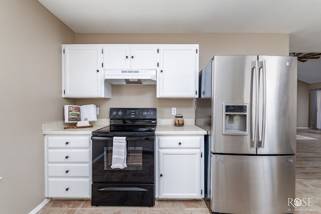 kitchen with stainless steel refrigerator with ice dispenser, under cabinet range hood, black / electric stove, white cabinets, and light countertops