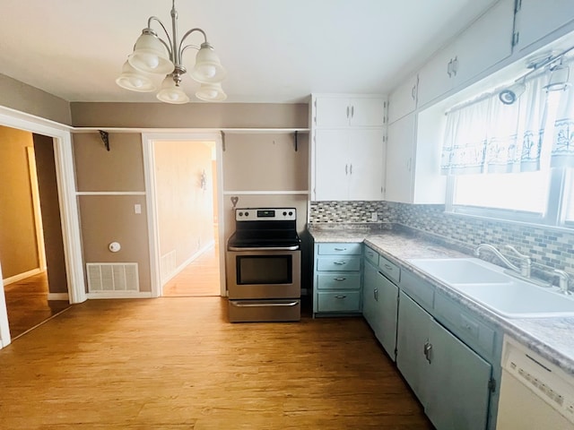 kitchen with a sink, visible vents, light wood-style floors, stainless steel range with electric cooktop, and dishwasher