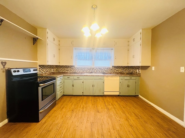 kitchen with stainless steel range with electric stovetop, light wood-type flooring, white dishwasher, and decorative backsplash