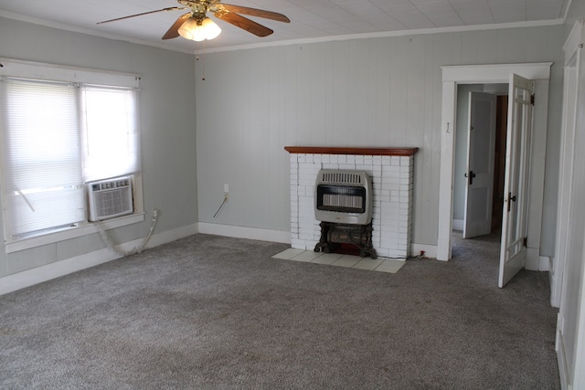 1002 Broadway St, Ballinger, TX 76821 - unfurnished living room with heating unit, crown molding, cooling unit, carpet floors, and ceiling fan