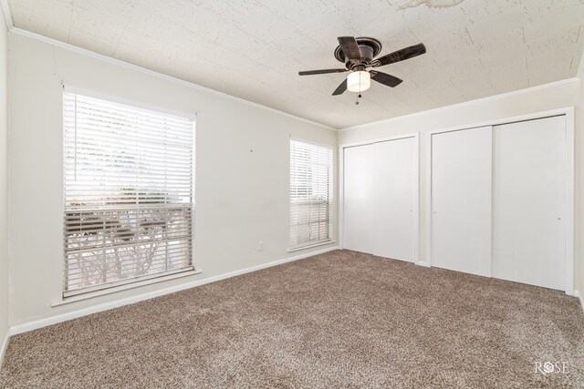 unfurnished bedroom featuring ornamental molding, carpet floors, two closets, and ceiling fan