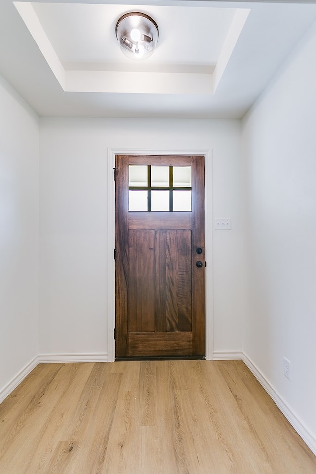 foyer featuring a tray ceiling and light wood-type flooring