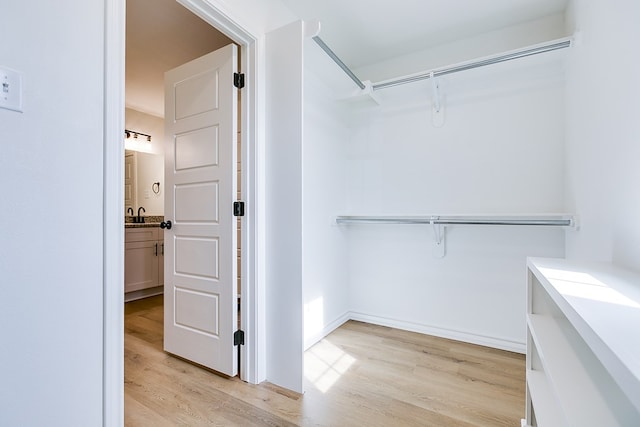 walk in closet with light wood-type flooring