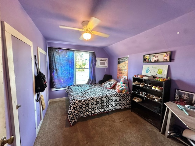 1501 Bishop St, Robert Lee, TX 76945 - bedroom featuring lofted ceiling, carpet, a wall mounted AC, and ceiling fan