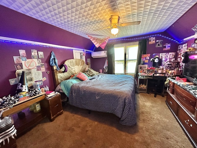 1501 Bishop St, Robert Lee, TX 76945 - carpeted bedroom with a wall mounted AC, lofted ceiling, and a ceiling fan