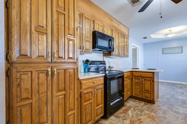 kitchen with visible vents, light countertops, a peninsula, brown cabinetry, and black appliances