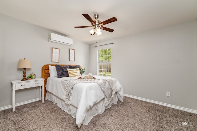 bedroom featuring a ceiling fan, a wall mounted AC, light colored carpet, and baseboards