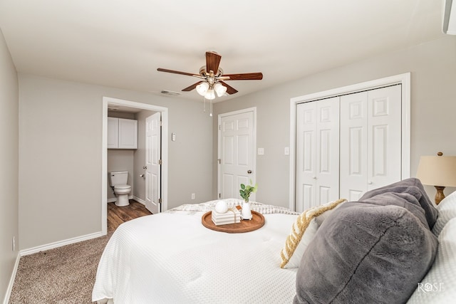 bedroom featuring dark carpet, visible vents, baseboards, a closet, and a ceiling fan
