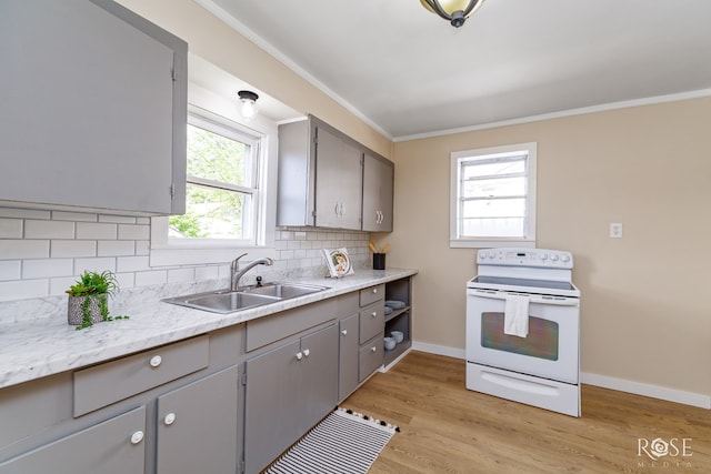 34 W 9th St, San Angelo, TX 76903 - kitchen featuring white range with electric cooktop, gray cabinetry, a sink, ornamental molding, and backsplash